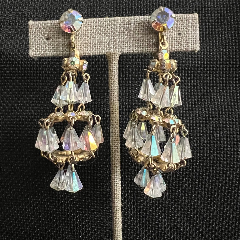 Vintage AB Crystal Chandelier Clip On Earrings Gold Tone 2.75 Inch Cottagecore